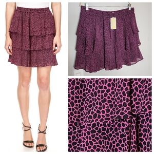 NWT Michael Kors Pullon Tiered Flowy Fushia Pink Black spotted mini skirt XL.
